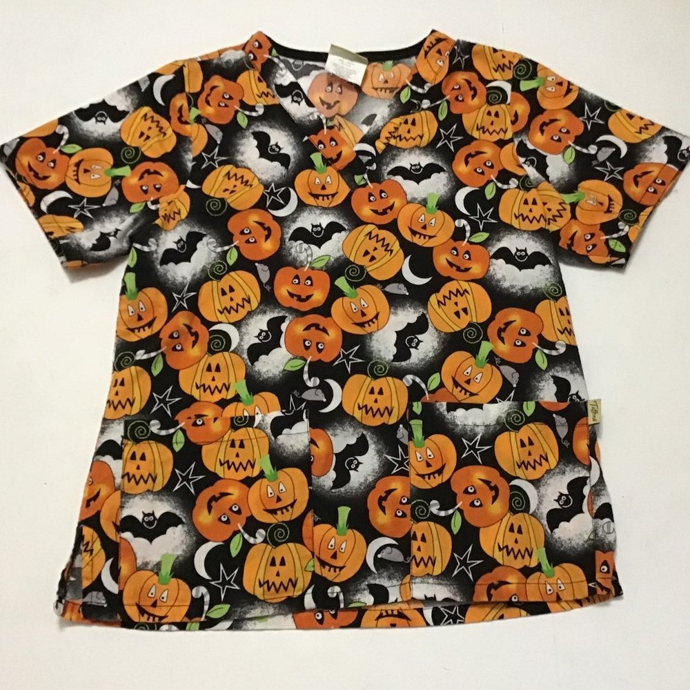 Halloween Scrub Top Womens Sz XS Pumpkins